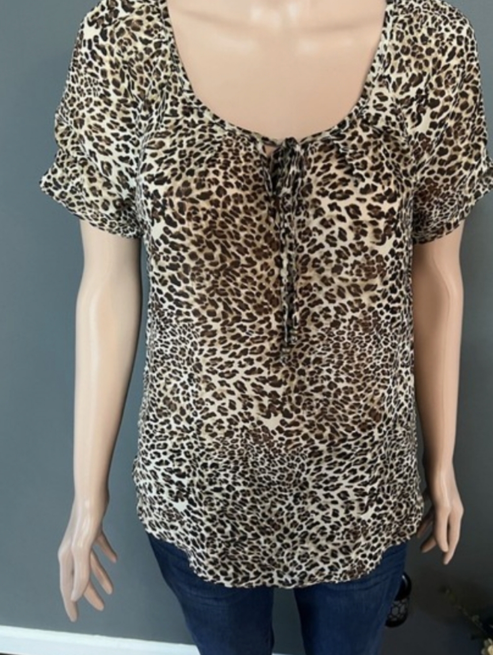 Leopard Print Short Sleeve Scoop Neck Top - Brown Size M